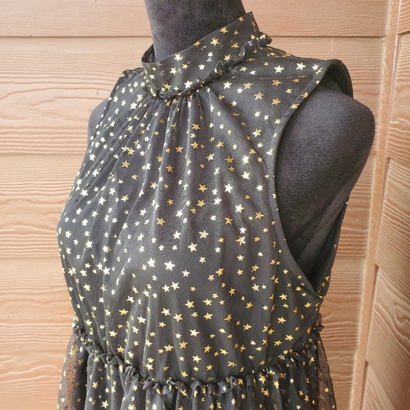 NWT POPSUGAR “Lucky Star” Black Metallic Gold Stars Keyhole Back Dress Medium - Picture 17 of 17